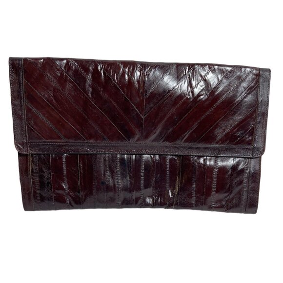 Handbags - Vtg. 100% Genuine Exotic Eel Skin 3 Sections Handbag Clutch Purse Choc. Brown